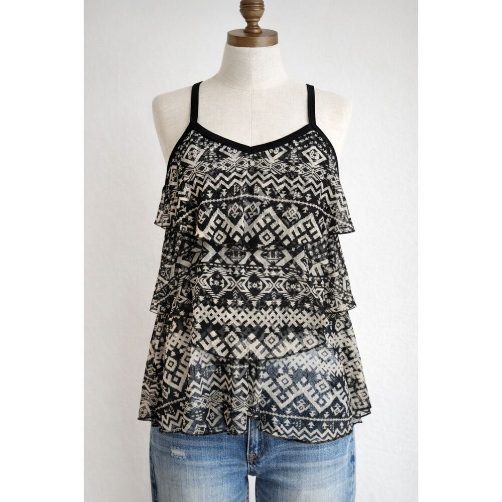 Womens Tank Top Size S Black Sheer Layered Tribal Boho Geometric Festival